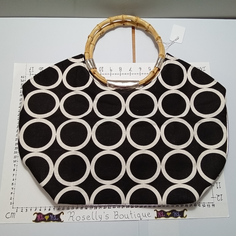 Bag Lady muddied black and white beach style tote either bamboo handles
